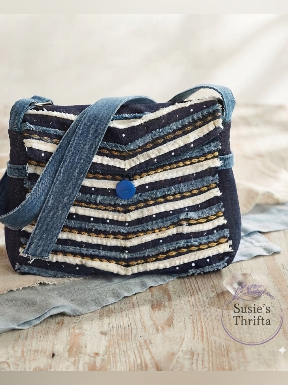 Handmade Recycled Denim Patchwork Crossbody Bag Boho Artisan Purse